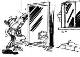Picture from the Bukavu series featuring a researcher with a briefcase marked research looking in a mirror. The mirrored reflection doesn't show the researcher, only the briefcase.